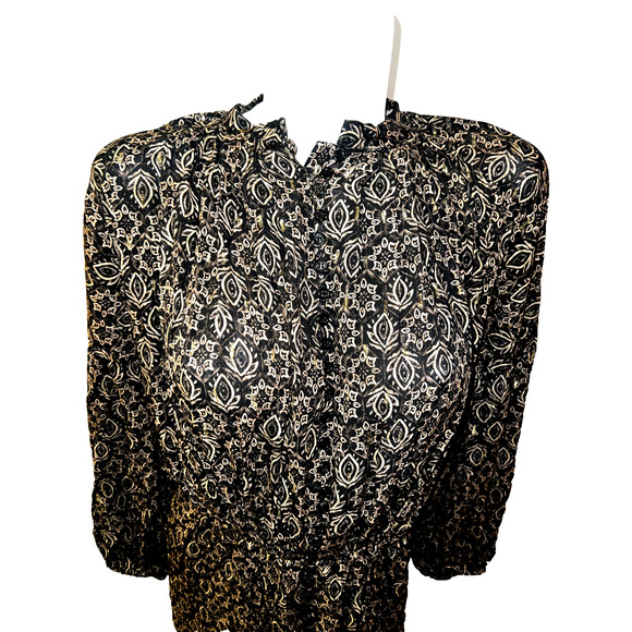 ZARA Size XS Black Brown Gold Metallic Balloon Sleeve Button Front Shirt Dress - Picture 2 of 10